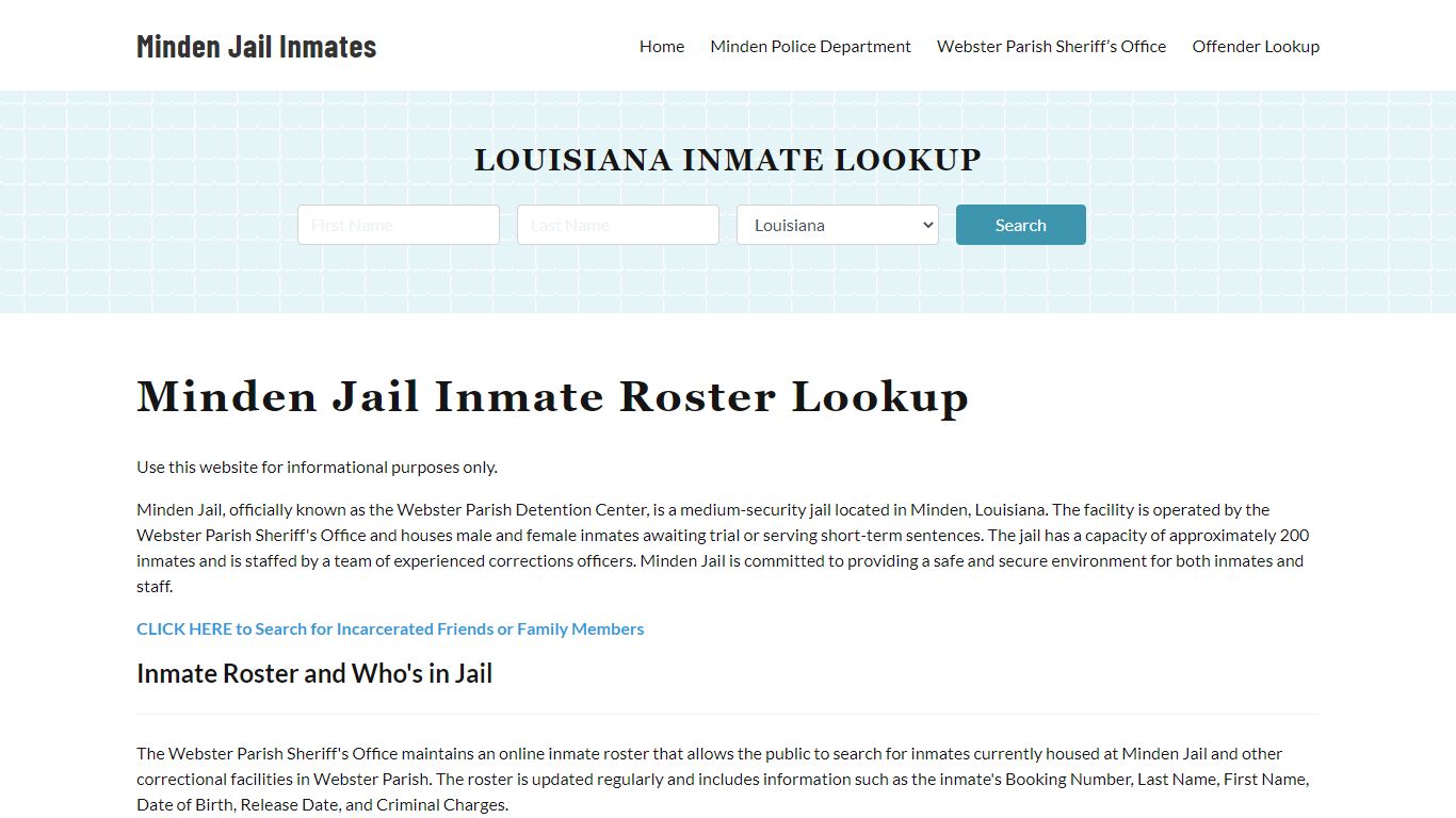 Minden Jail Inmate Roster, Webster Parish, LA, Offender Search